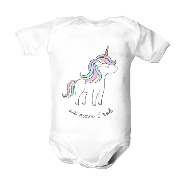 Dětské body  s potiskem Už mám 1 rok - Jednorožec
